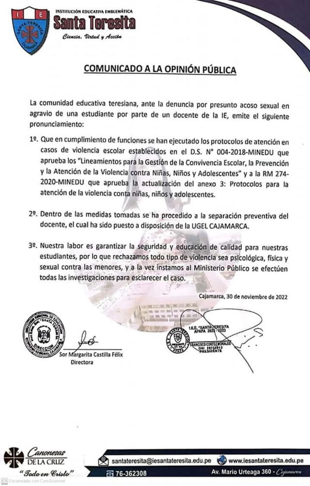 Comunicado de I.E. Santa Teresita