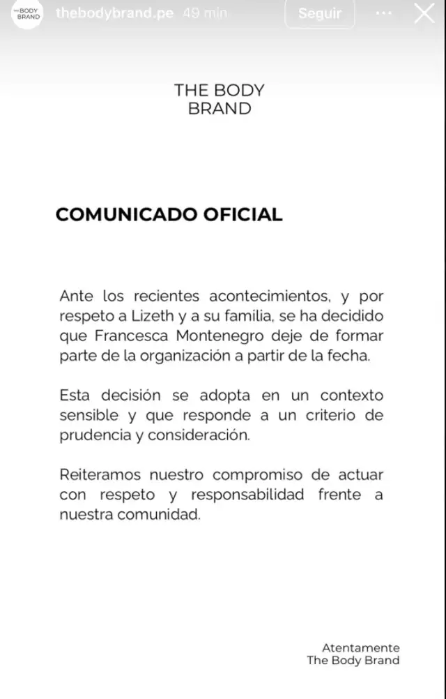Comunicado anunciando la salida de Francesca Montenegro. Foto: Instagram. Comunicado anunciando la salida de Francesca Montenegro. Foto: Instagram.