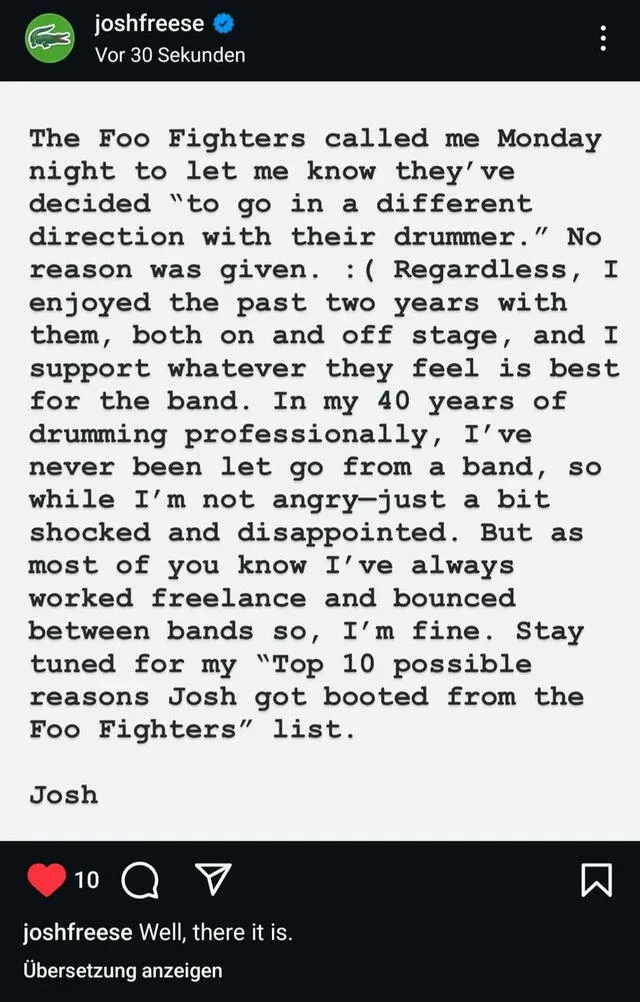 Josh Freese bids farewell to Foo Fighters on Instagram, thanking fans for the ride and hinting at what’s next. Photo: Josh Freese Instagram account Josh Freese bids farewell to Foo Fighters on Instagram, thanking fans for the ride and hinting at what’s next. Photo: Josh Freese Instagram account