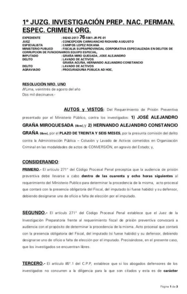 Odebrecht: Fiscalía pide prisión preventiva contra José Graña y Hernando Constancio Graña
