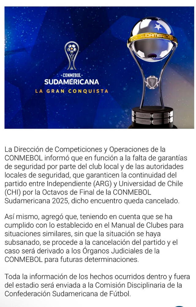 Comunicado de Conmebol sobre partido de U de Chile vs Independiente 
