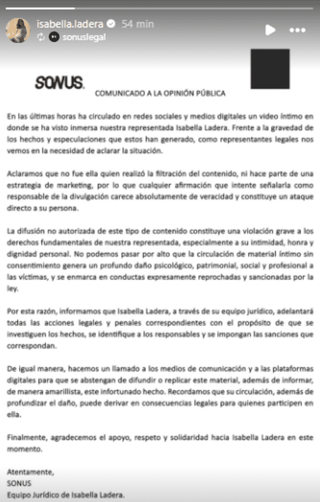 Comunicado de Isabella Ladera. Foto: Instagram   