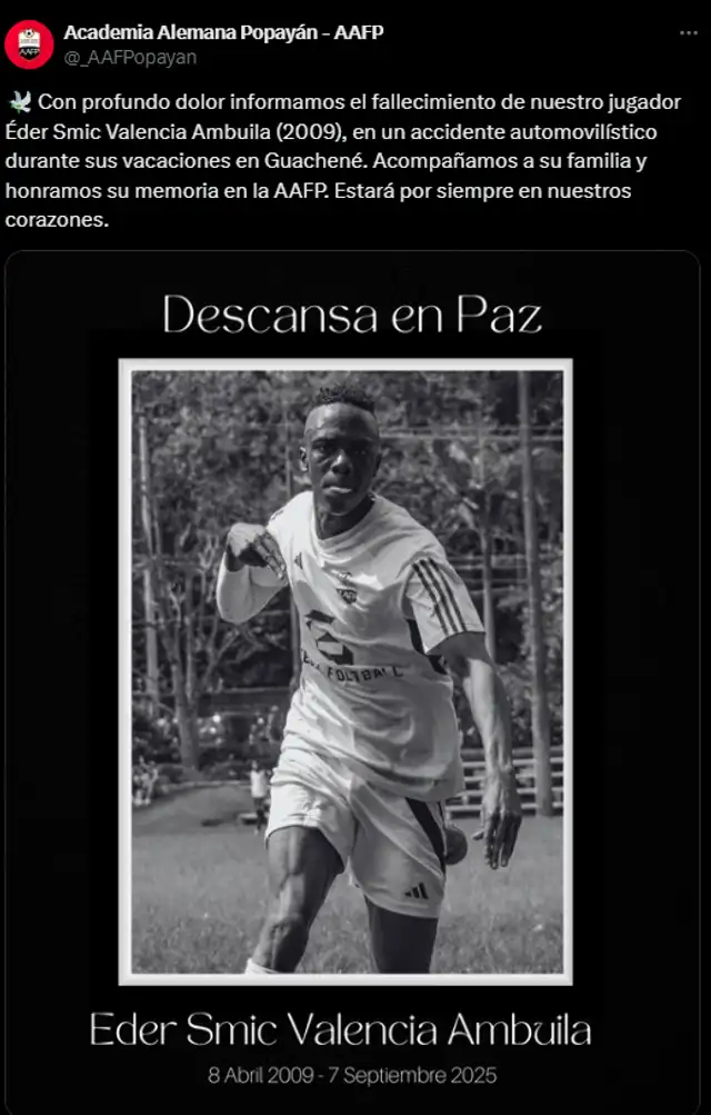  Mensaje de la Academia Alemana Popayán tras fallecimiento de Éder Valencia. Foto: Twitter/Academia Alemana Popayán   