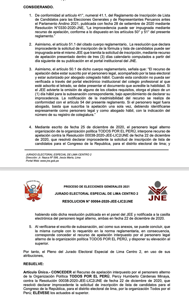JEE recibe apelación de Todos por el Perú. Foto: captura/resolución 00064-2020-JEE-LIC2/JNE