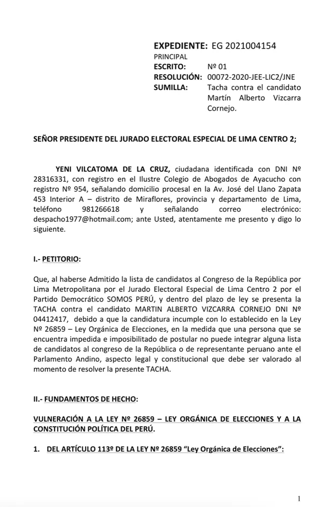 Yeni Vilcatoma presentó tacha a candidatura de Martín Vizcarra. Foto: captura/JNE