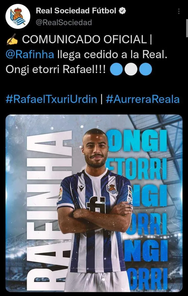 Real Sociedad anunció la llegada de Rafinha. Foto: captura Twitter