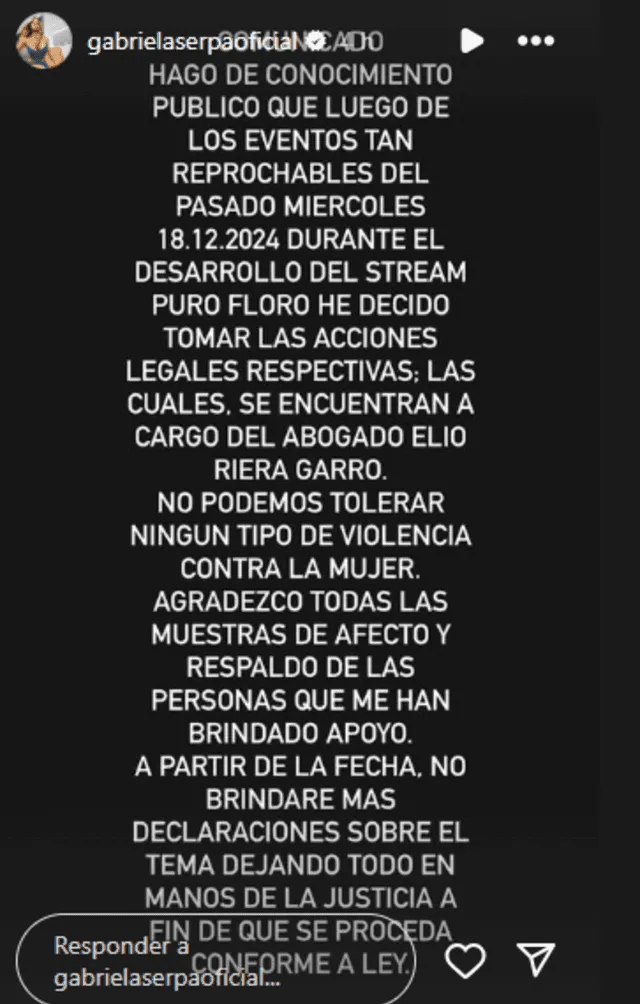 Comunicado de la actriz. Foto: Instagram/gabrielaserpaoficial   