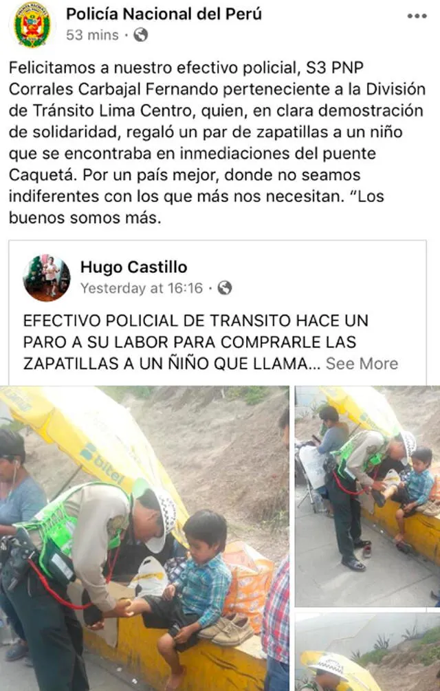 PNP ayuda a niño en puente Caquetá. Créditos: Facebook.