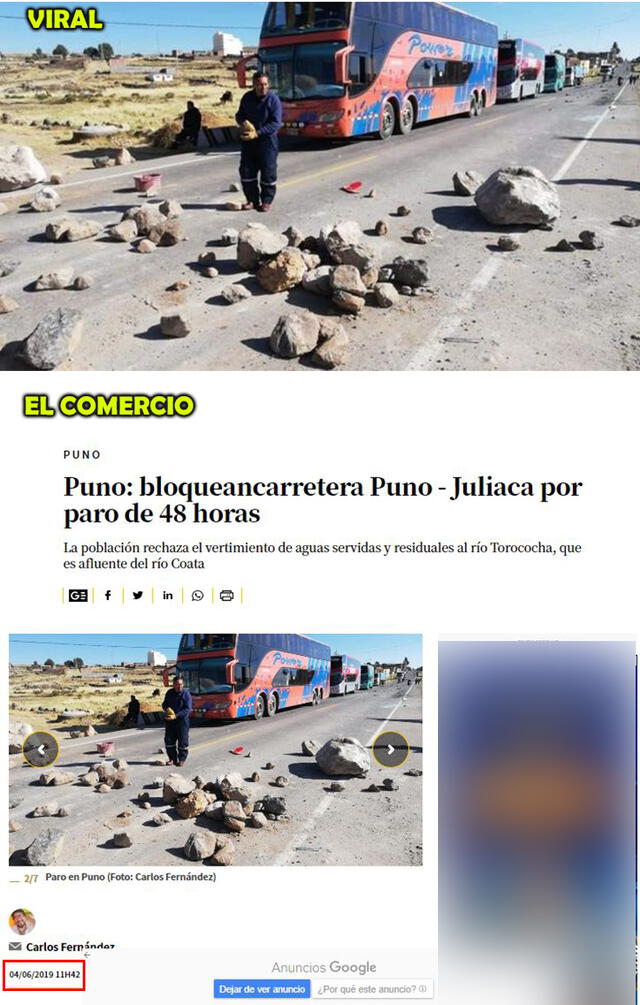 Imágenes de la publicación viral (arriba) y de la captura de El Comercio (abajo). Foto: composición.