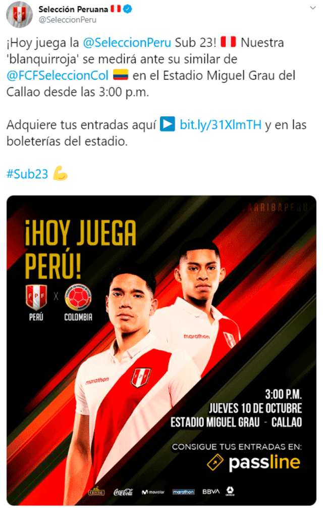 Perú vs. Colombia Sub 23 el partido amistoso