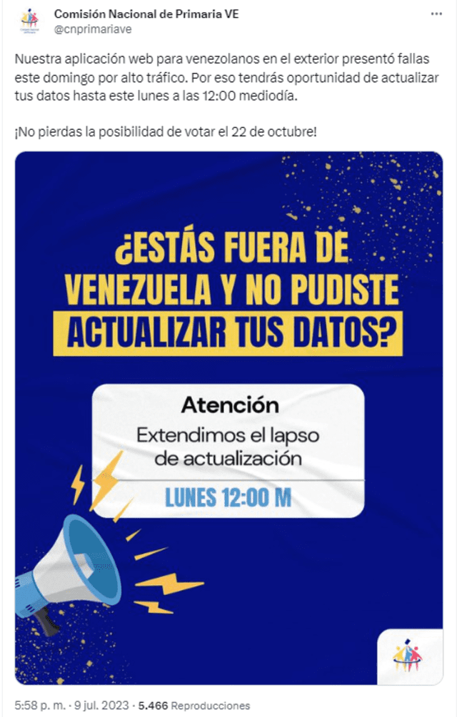 Los venezolanos en el exterior que aún no se registran tendrá plazo hasta el 10 de abril. Foto: Comisión Nacional de Primaria VE/Twitter