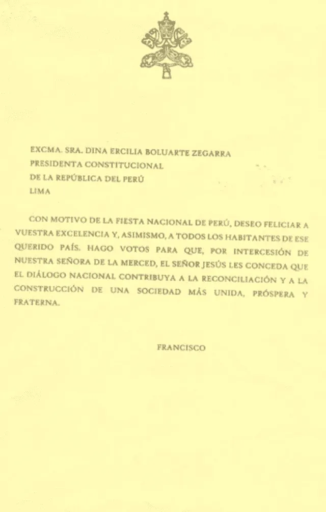  Carta enviada por el sumo pontífice a Dina Boluarte en vísperas de Fiestas Patrias. | Foto: Andina.   