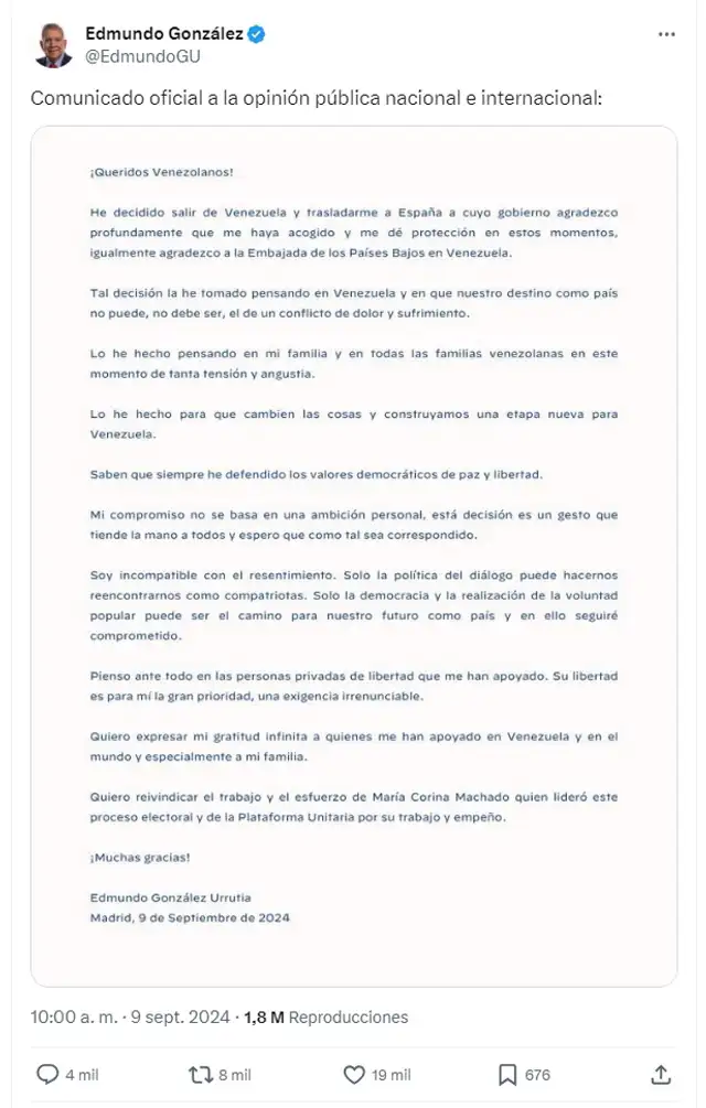 <em> Tuit de Edmundo González en referencia a su exilio en España. Foto: captura de X</em> <em> Tuit de Edmundo González en referencia a su exilio en España. Foto: captura de X</em>