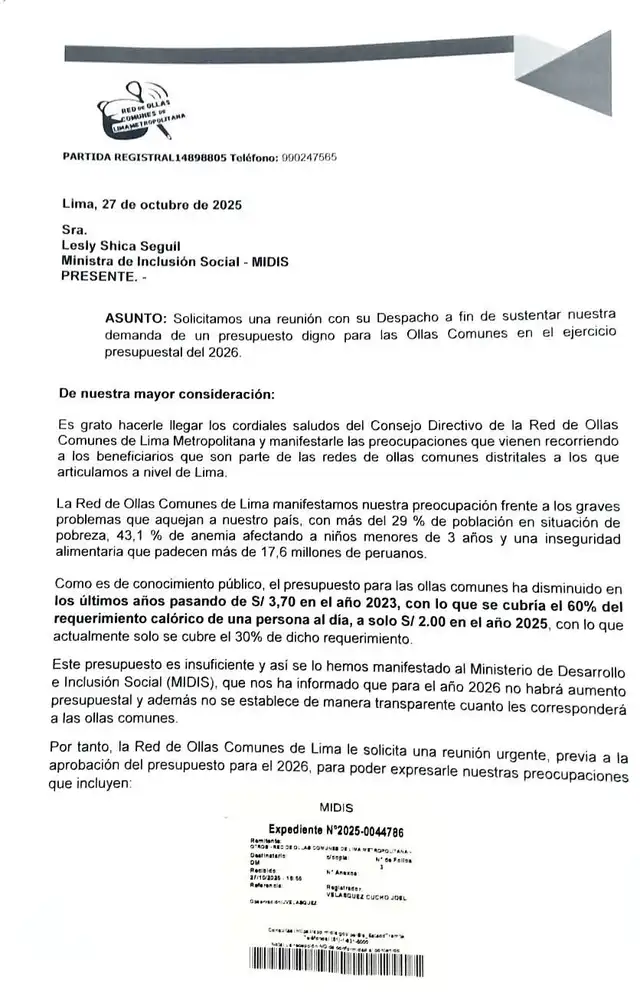  Red de Ollas comunes de Lima pide reunión para discutir presupuesto 2026   