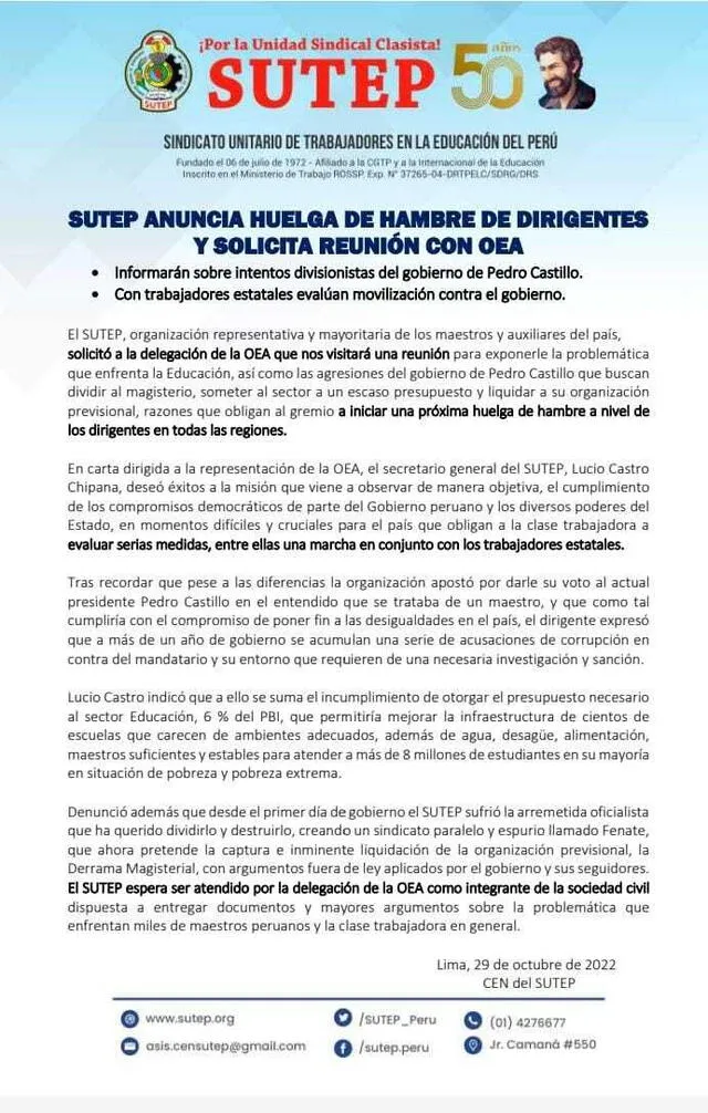 Organización sindical desea reunión con representantes de la OEA. Foto: Sutep