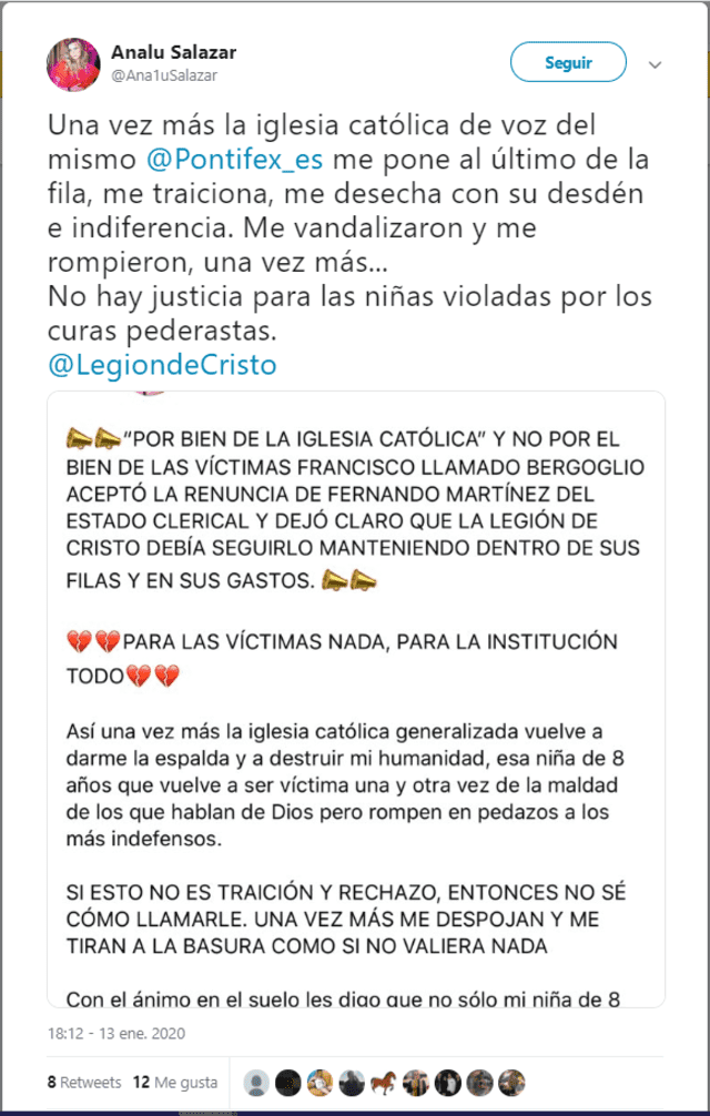 Ana Salazar, víctima de Fernando Martínez, demostró su molestia en sus redes sociales. (Foto: Twitter)