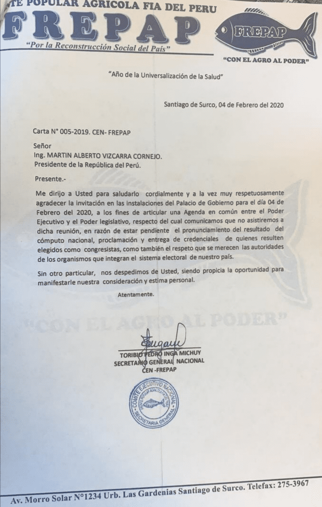 Comunicado del Frepap cancelando su asistencia a Palacio de Gobierno. Foto: La República.