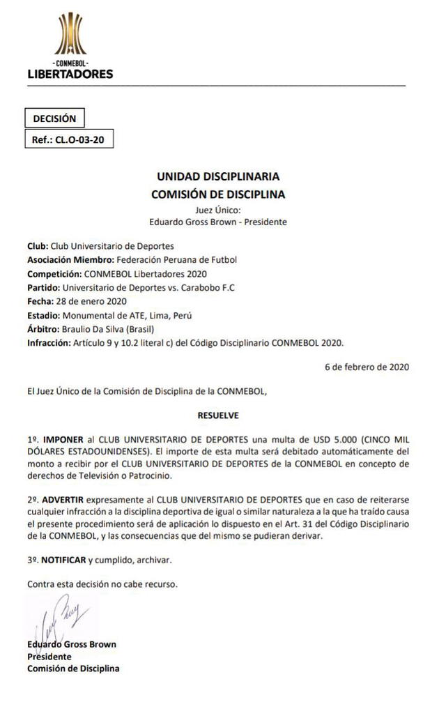 Carta notarial de la CONMEBOL hacia Universitario. Foto: Conmebol
