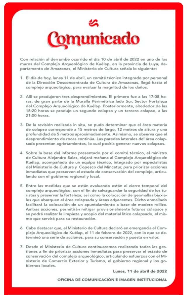 Comunicado del ministerio de Cultura sobre el derrumbe e Kuélap. Foto: Twitter