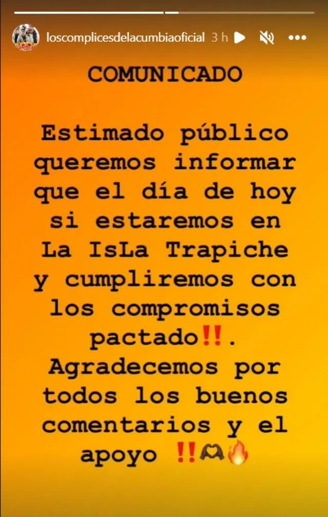 La agrupación confirmó que cumplirán con las presentaciones pactadas. Foto: Instagram / Los complices de la cumbia 