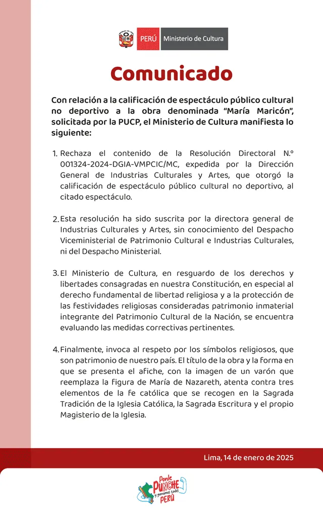 Comunicado del Ministerio de Cultura   