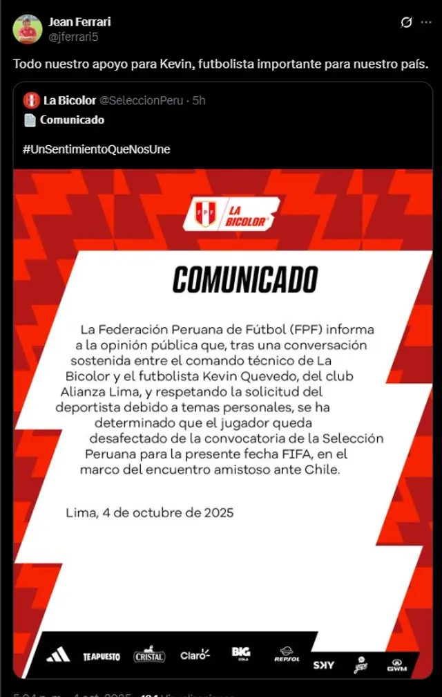 Jean Ferrari y su mensaje de apoyo para Kevin Quevedo. Foto: captura de X   