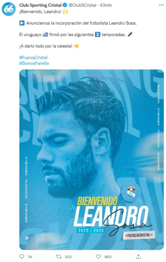 Leandro Sosa. Fuente: Twitter Sporting Cristal