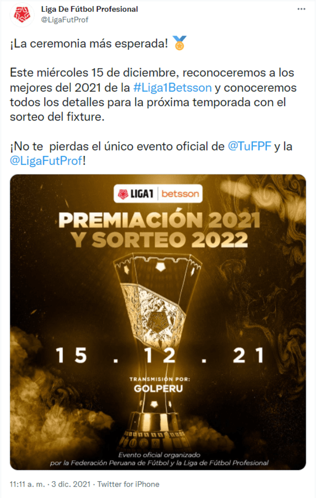 La Liga de Fútbol Profesional premiará a los mejores del 2021. Foto: captura Twitter