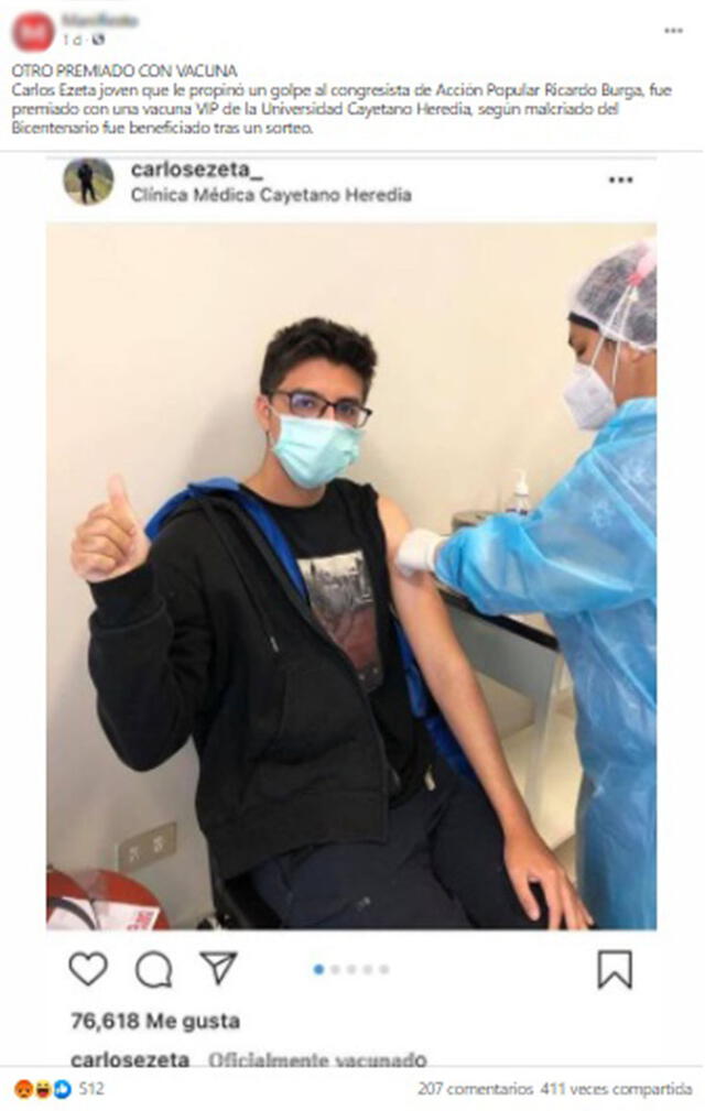 No, Carlos Ezeta no es parte de los 487 beneficiarios de las vacunas adicionales de Sinopharm. Foto: captura en Facebook.