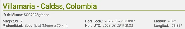    Último temblor de hoy en Colombia. Foto: SGC   