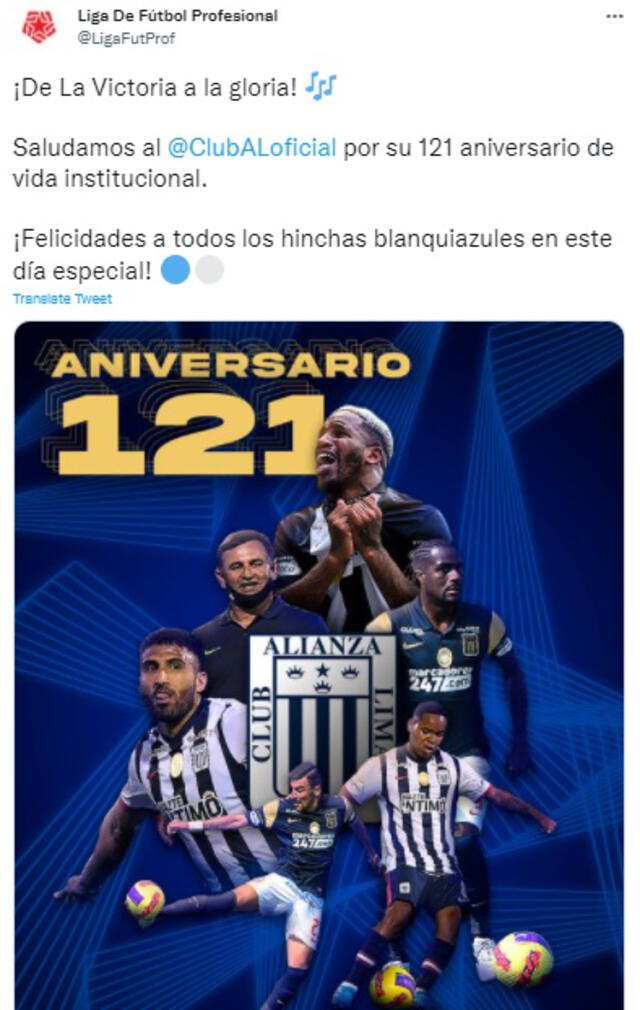 Saludo de la Liga 1 a Alianza Lima. Foto: Catura Twitter