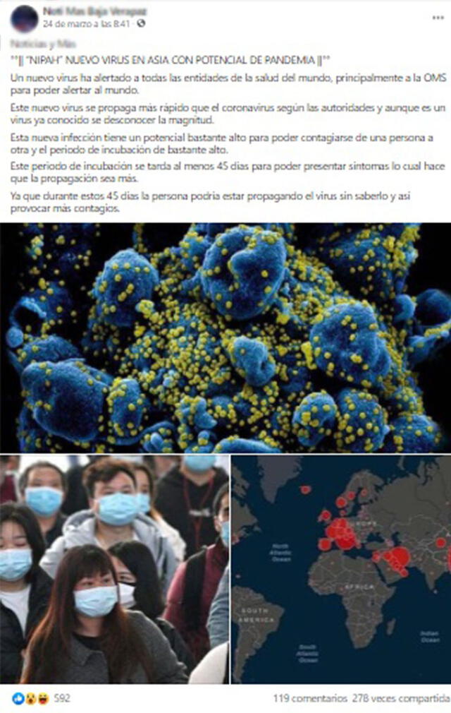 Post sobre el Nipah como “nuevo virus con potencial pandémico”. Foto: captura en Facebook.