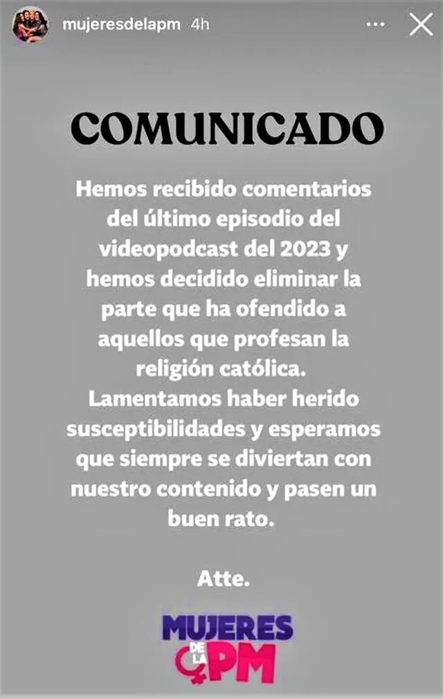  'Mujeres de la PM' publicó un comunicado en el que se disculparon con la comunidad católica. Foto: Instagram/Mujeres de la PM   