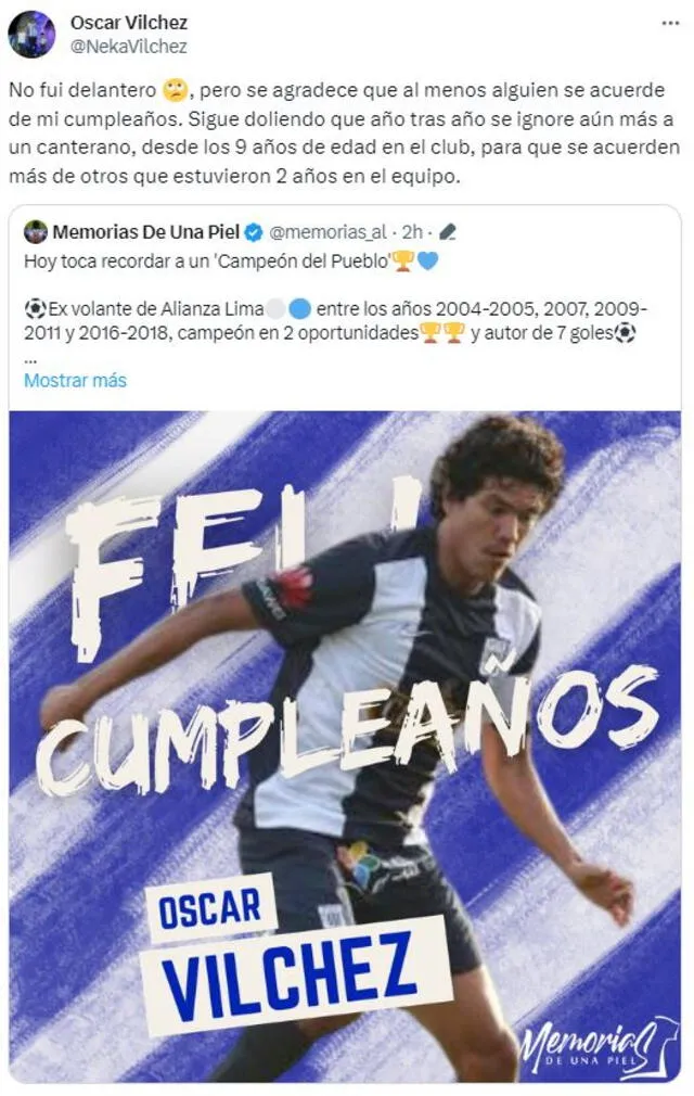 Respuesta de Óscar Vílchez al saludo de cumpleaños de una página de hinchas de Alianza Lima. Foto: captura de X   