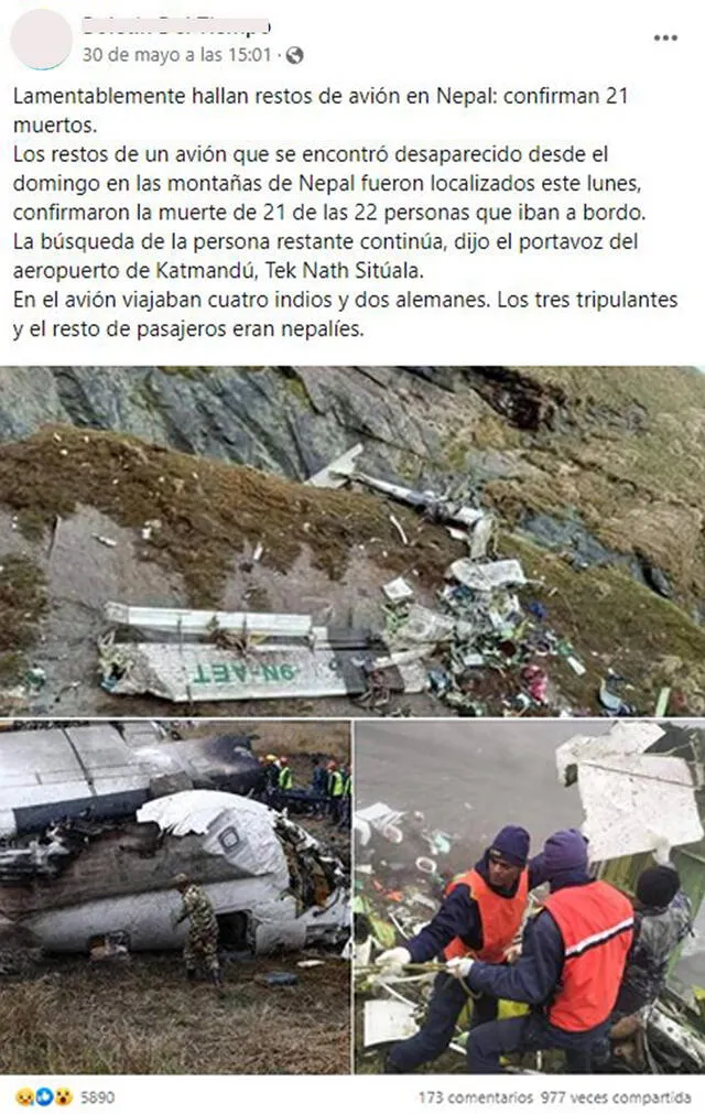 Post difunden supuestas imágenes del accidente aéreo de 2022 en Napal. Foto: captura en Facebook.