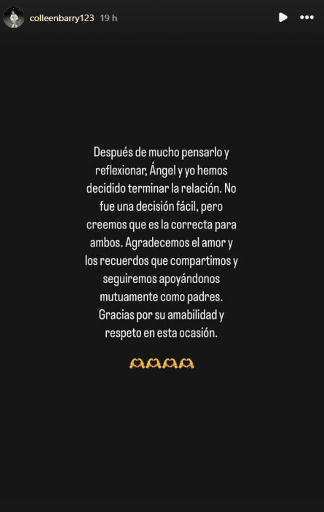Comunicado de Colleen Barry. Foto: Instagram Comunicado de Colleen Barry. Foto: Instagram