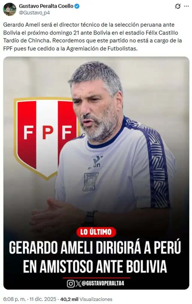 Ameli fue designado como técnico de la Bicolor para este amistoso. Foto: captura de Gustavo Peralta/X   