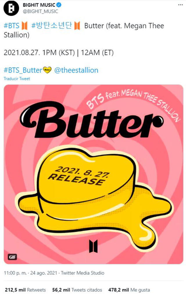 Anuncio oficial del remix de 'Butter' con BTS y Megan Thee Stallion. Foto: Twitter