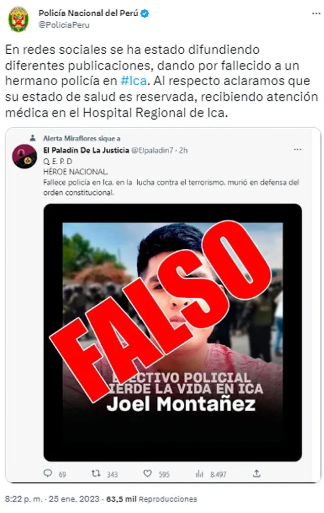 PNP desmiente el post que señala que el policía falleció. Foto: captura en Twitter / PNP.   