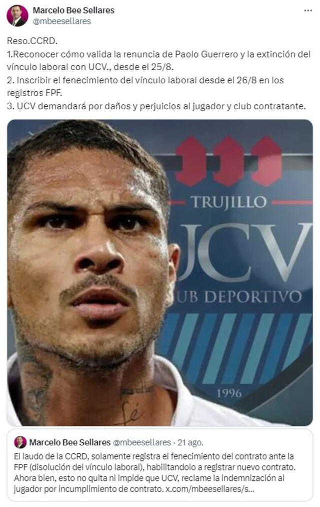  Información sobre Paolo Guerrero. Foto: captura 'X'/Marcelo Bee Sellares   