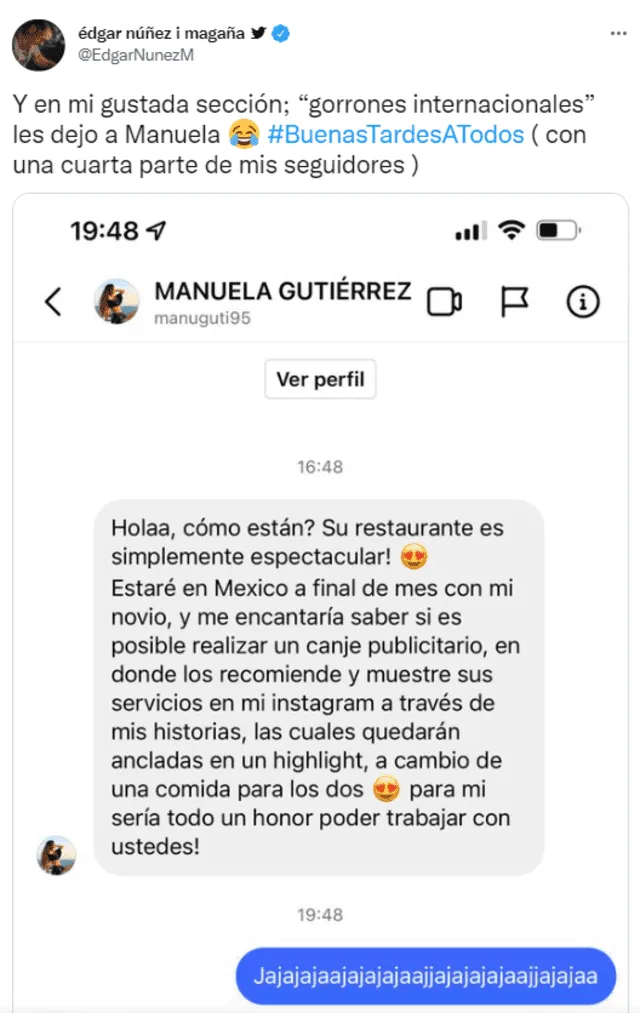 Manuela Gutiérrez señaló que el chef la tiene bloqueada de sus redes sociales. Foto: captura de Twitter / Edgar Nuñez