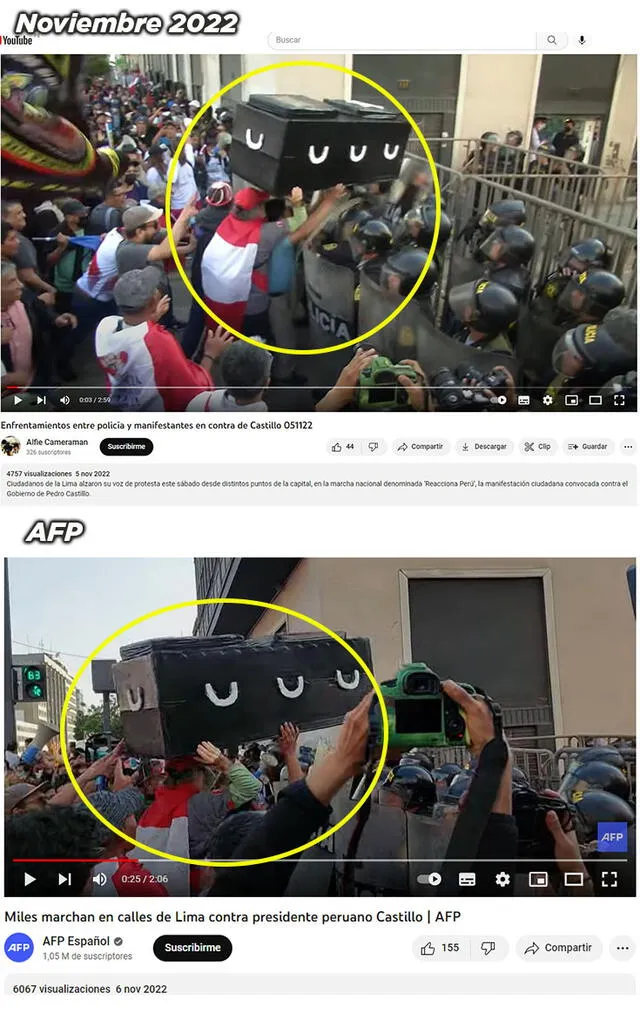 Escena de enfrentamiento entre manifestantes y policías. Foto: capturas en Youtube  de Alfredo Galarza (arriba) y AFP (abajo).