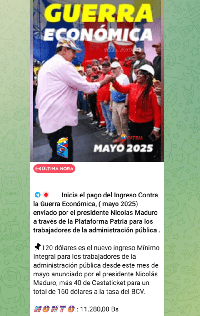 Anuncio del Bono de Guerra de mayo 2025 para trabajadores públicos. Foto: Canal Patria Digital Anuncio del Bono de Guerra de mayo 2025 para trabajadores públicos. Foto: Canal Patria Digital