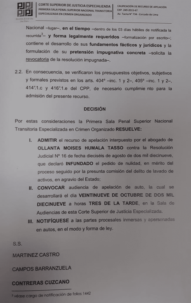 Audiencia apelación de abogado Ollanta Humala.