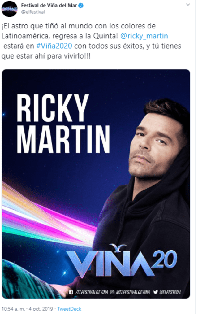Viña del Mar 2020 confirma la presencia de Ricky Martin.