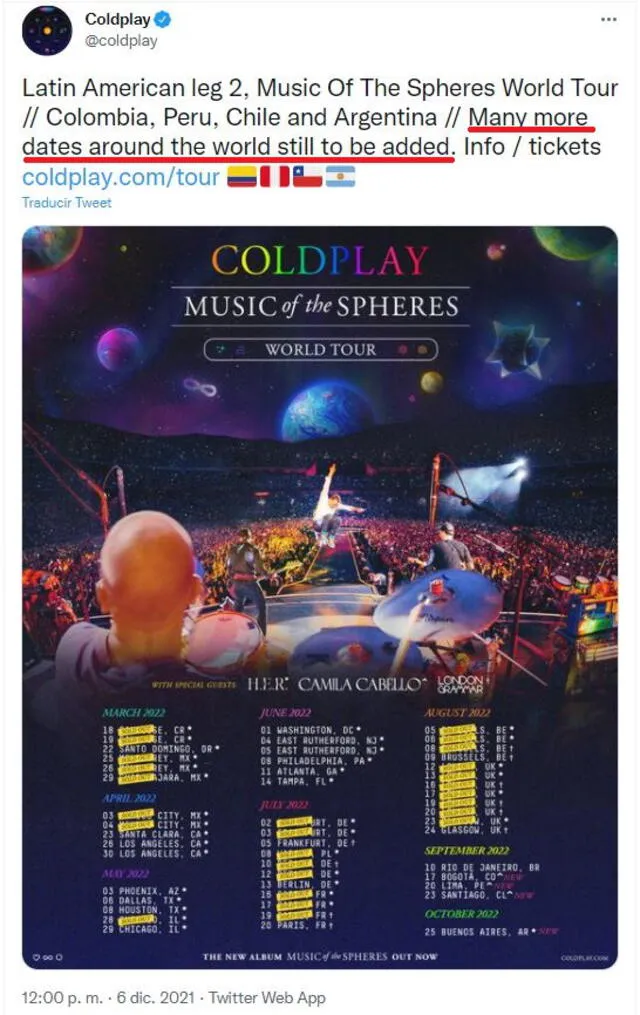 Coldplay se presentará en cuatro países de Latinoamérica. Foto: captura de Twitter
