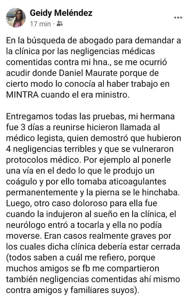  Publicación que realizó Meléndez en contra del ministro de Justicia. Foto: captura de Facebook/Geidy Meléndez   