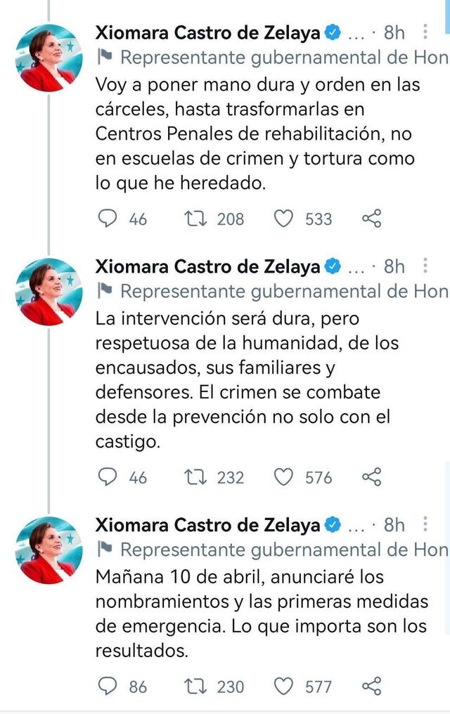 La presidenta de Honduras, Xiomara Castro, anunció su intervención en penales. Foto: Twitter/Xiomara Castro de Zelaya.