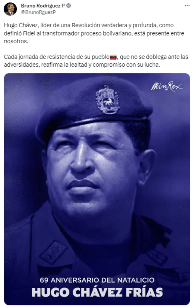 El canciller de Cuba recordó a Chávez realizando una parafraseo de Fidel Castro. Foto: Bruno Rodríguez/Twitter