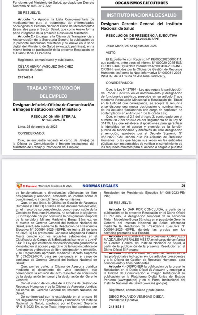 Resolución en el diario El Peruano que oficializa la designación de Consuelo Perales Mesta Resolución en el diario El Peruano que oficializa la designación de Consuelo Perales Mesta